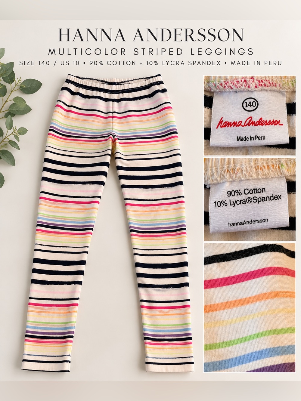 Hanna Andersson Cream Leggings with Black and Rainbow Stripes